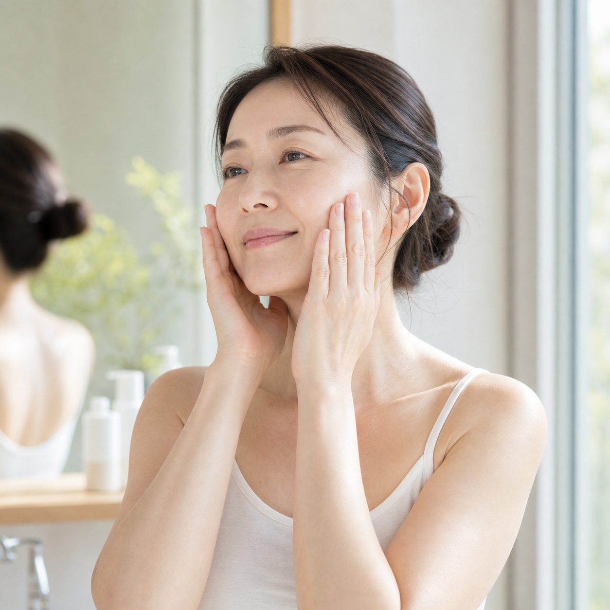 化粧水を顔になじませる女性