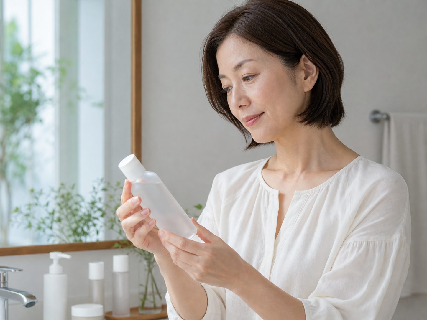 スキンケア用品を手に取って見る女性