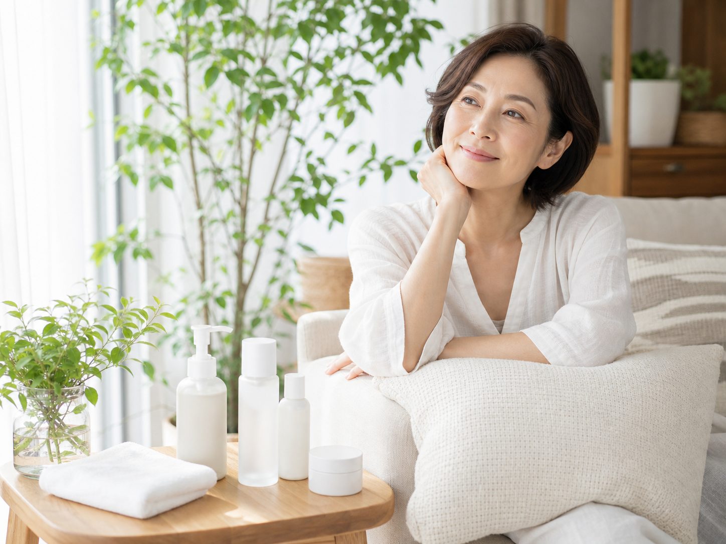 明るい部屋でくつろぐ女性