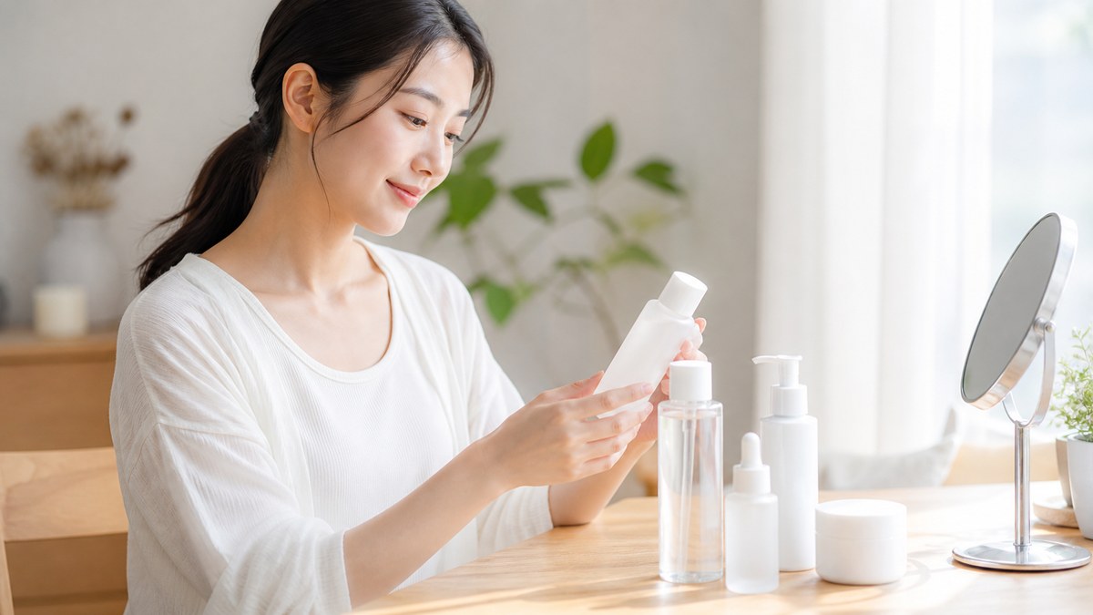 基本のスキンケアを手に取る女性