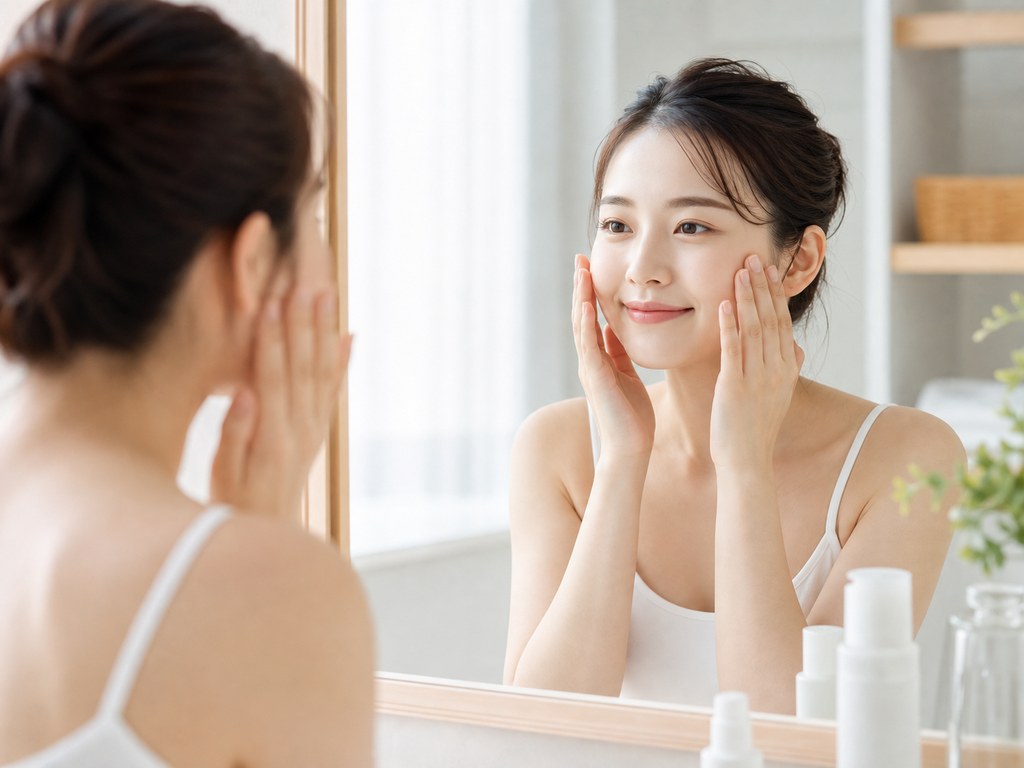 鏡で肌を確かめる女性