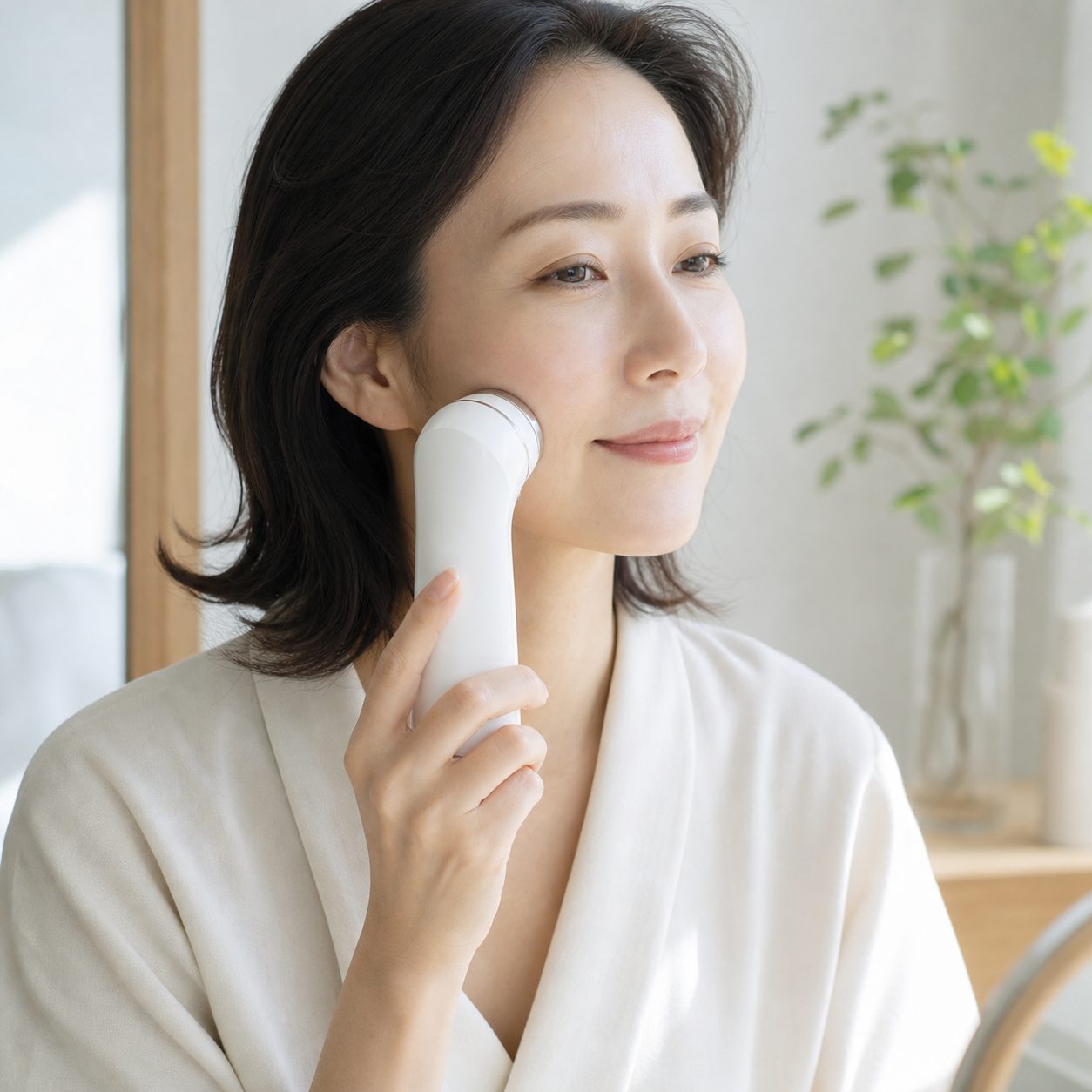美容家電を顔に当てる女性