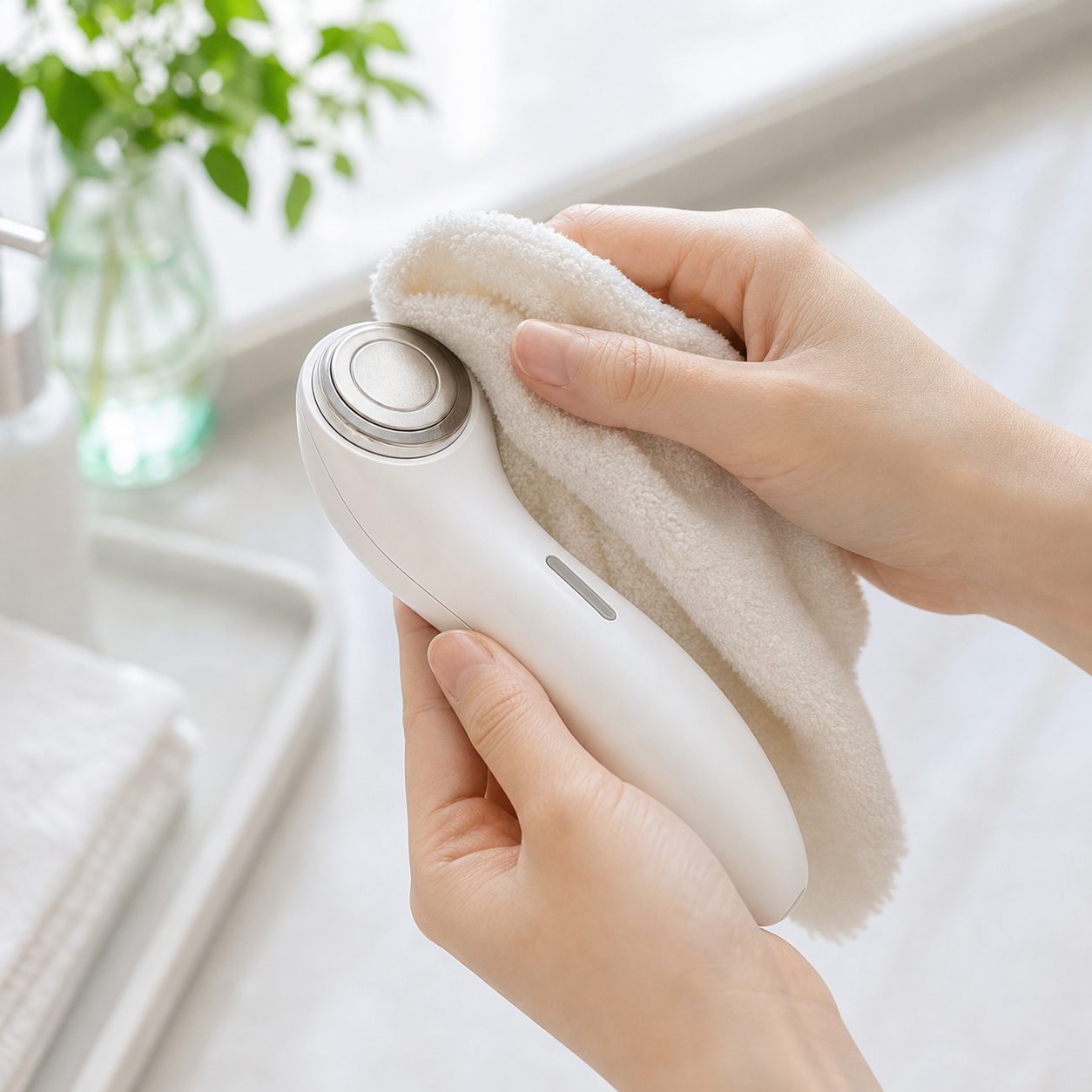 美容家電をお手入れする手元