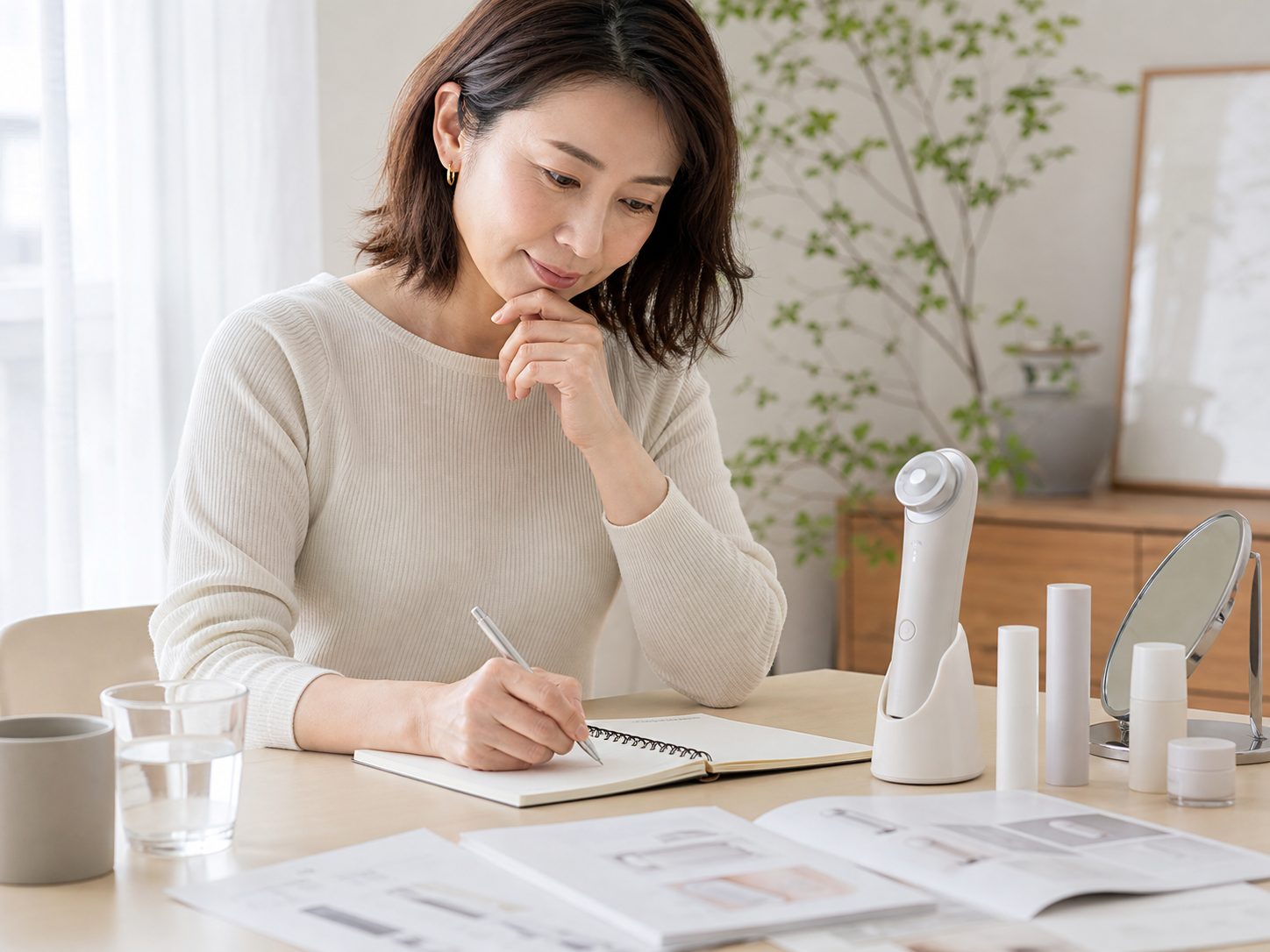 比較メモを書きながら検討する女性