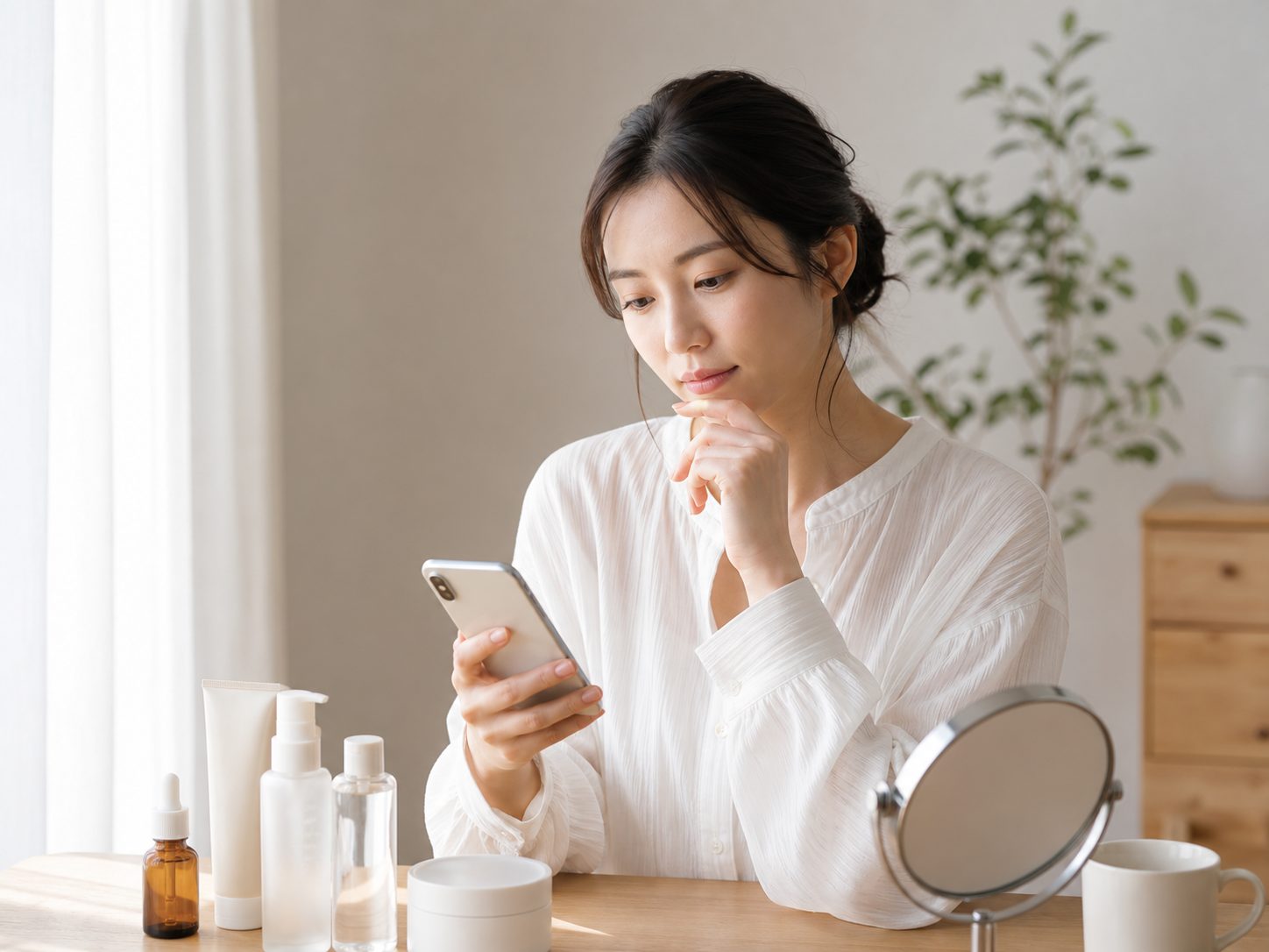 スマホで情報を見て考える女性