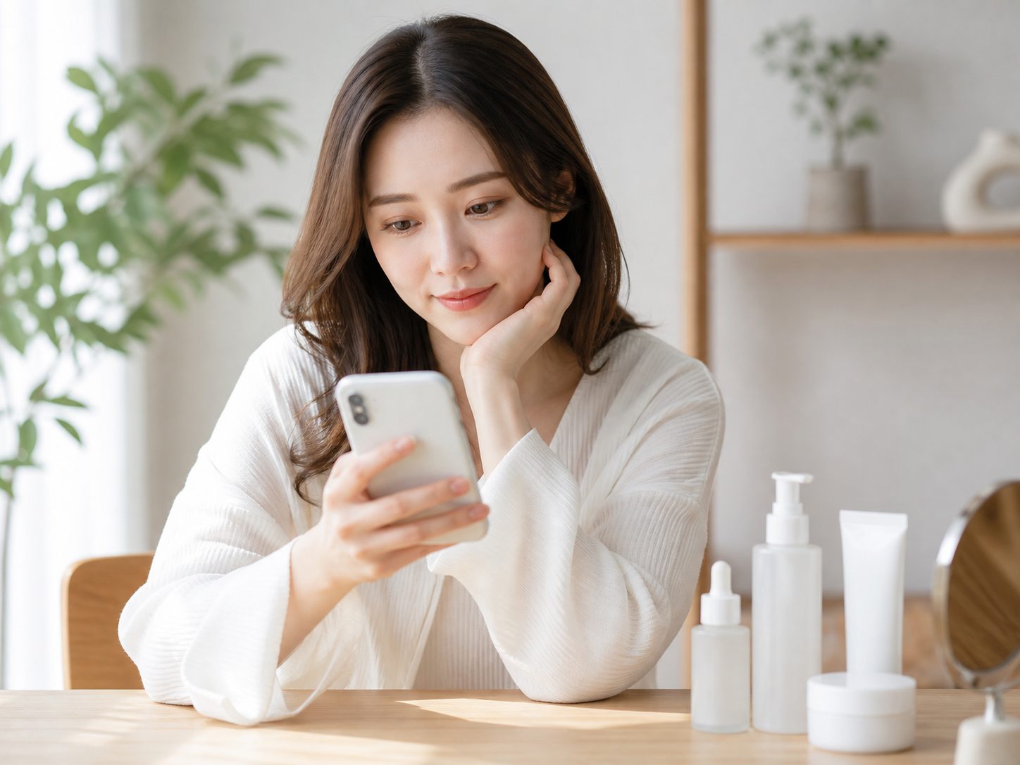 スマホで口コミを見る女性