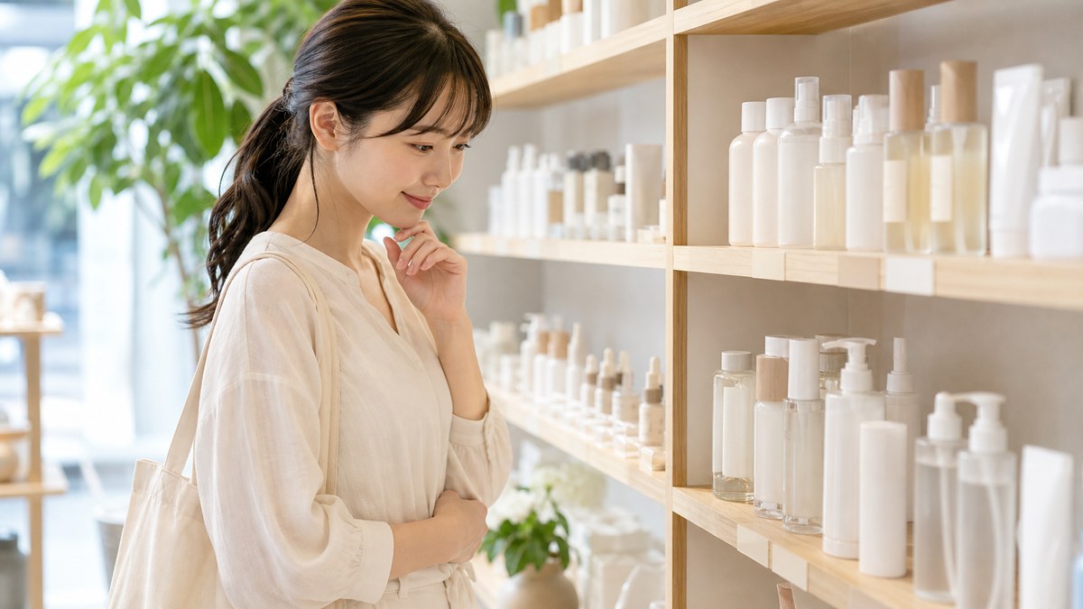棚のスキンケア用品を見る女性