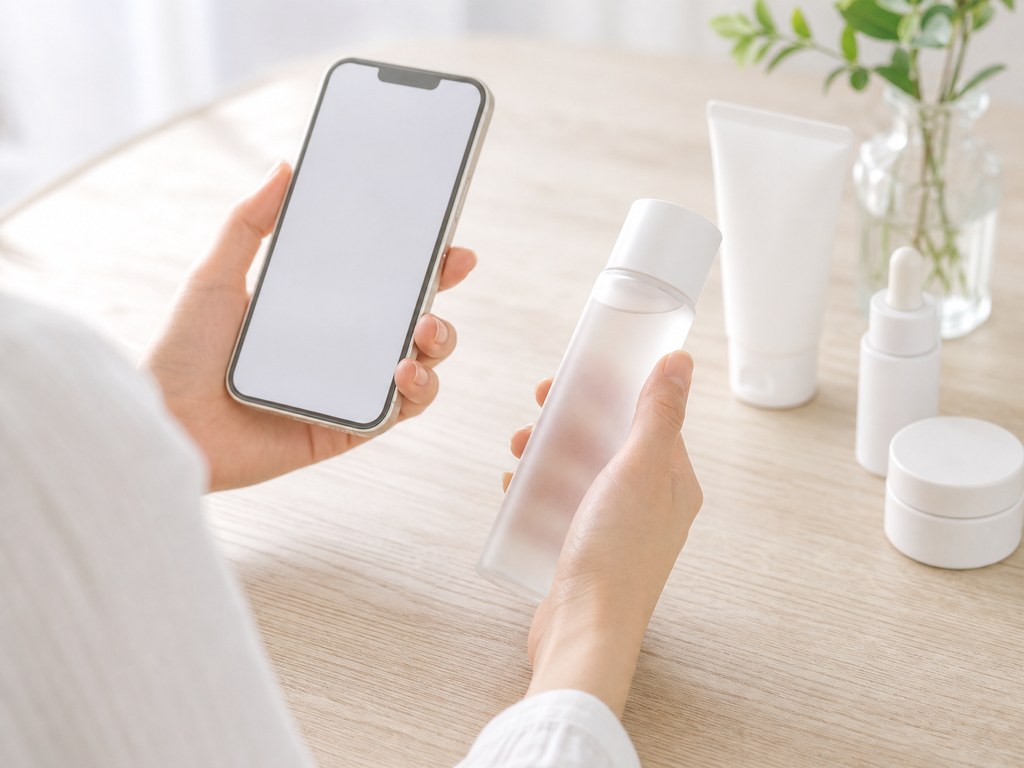 スマホと化粧品を見比べる手元
