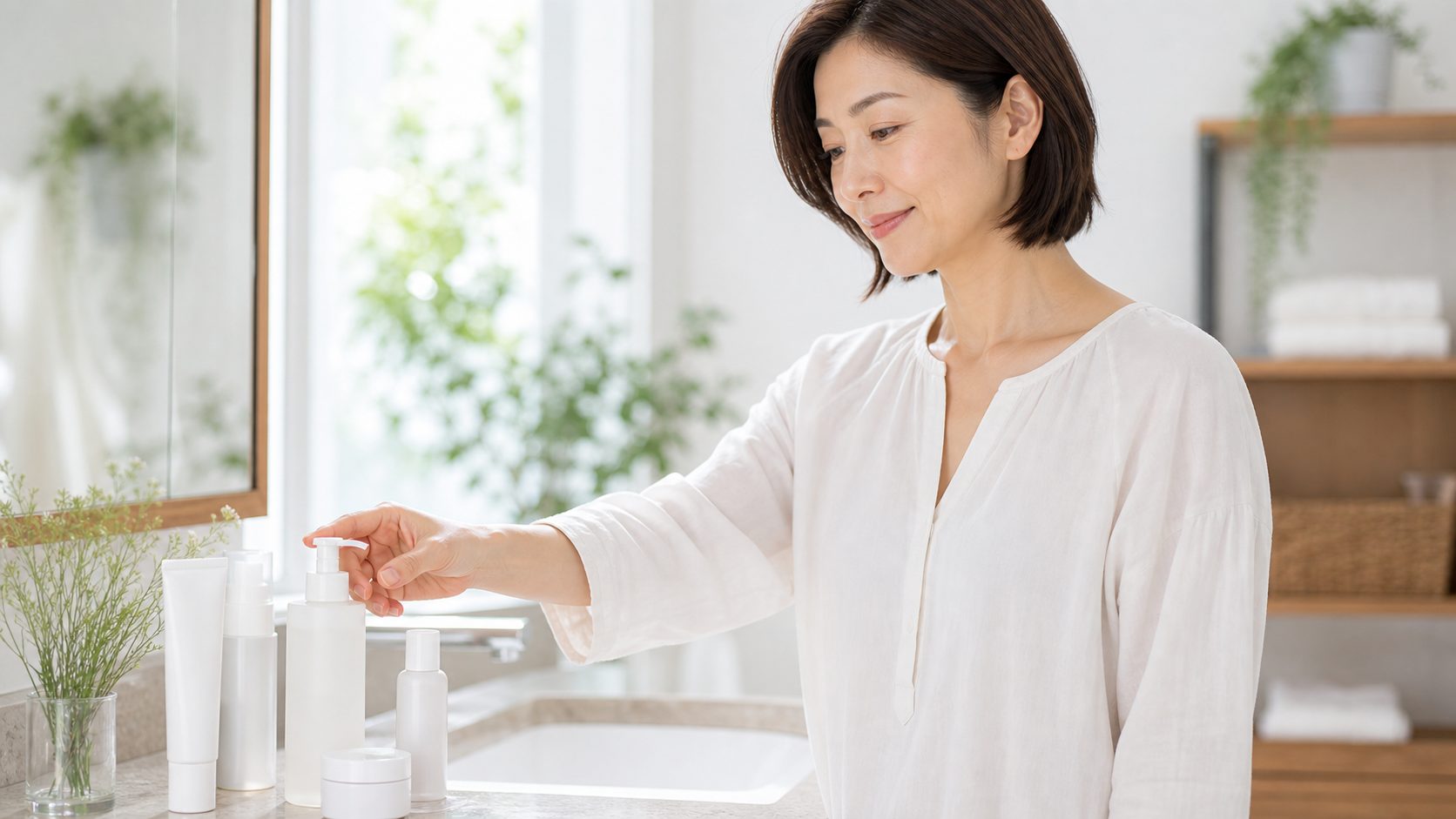洗面所でクレンジングを手に取る女性