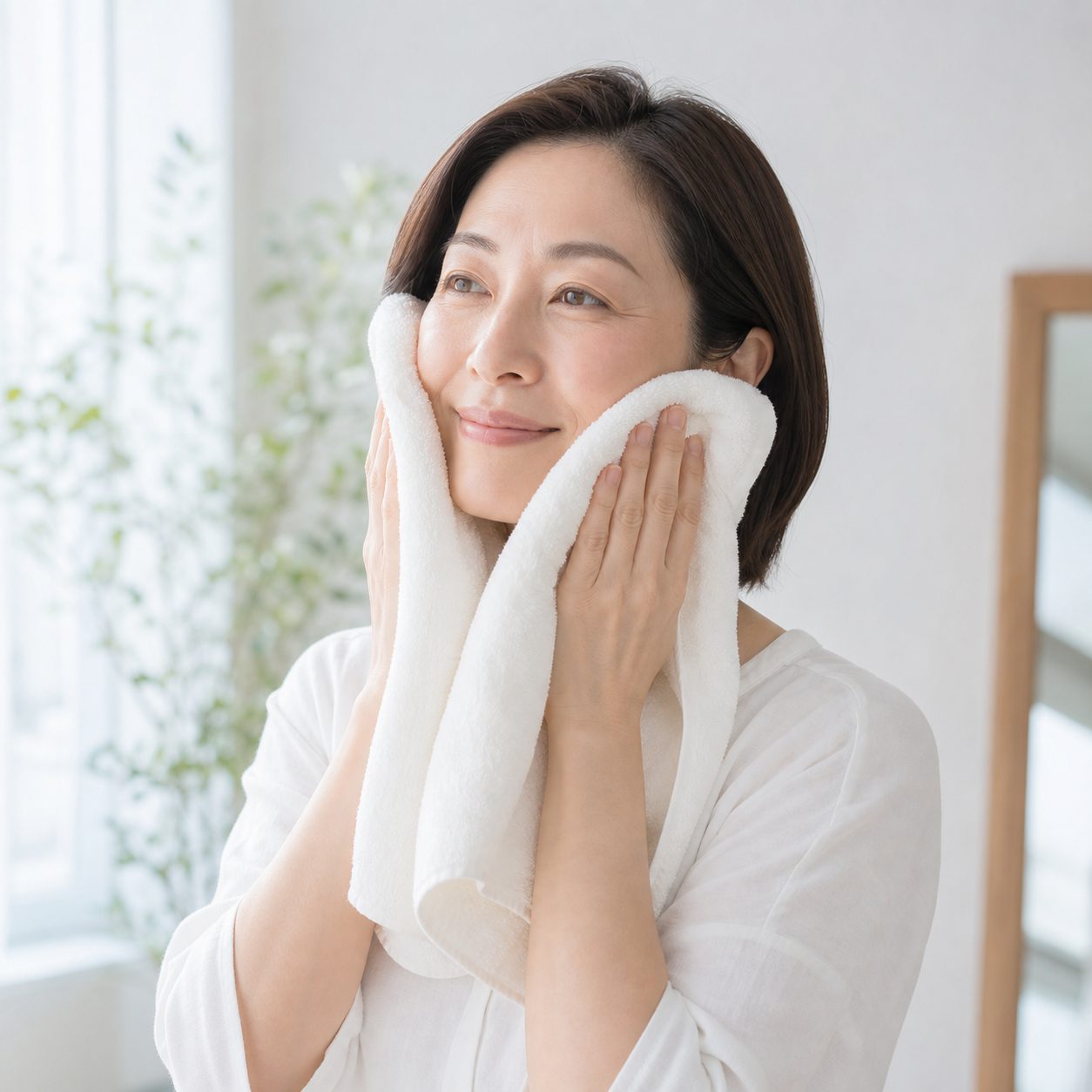 タオルで顔を押さえる女性