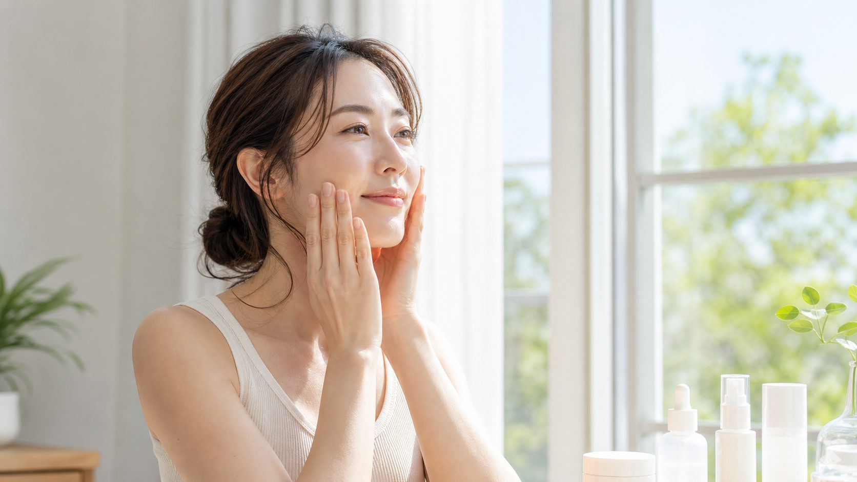 朝の窓辺で肌を整える女性