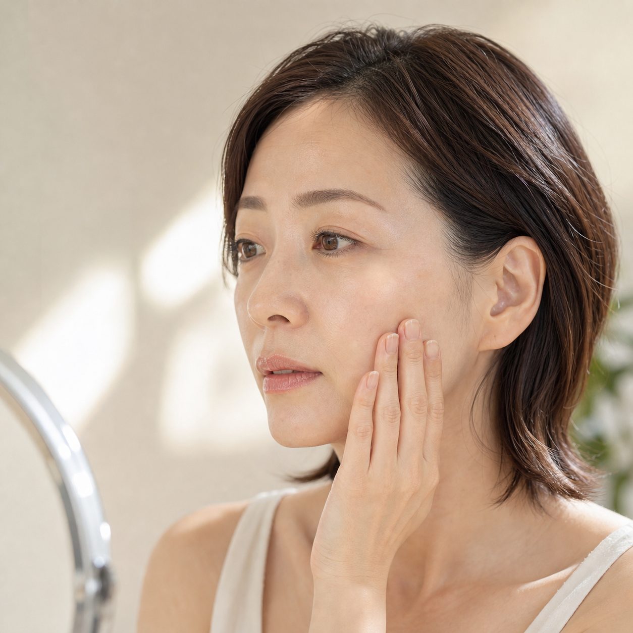 頬で乾燥を確かめる女性