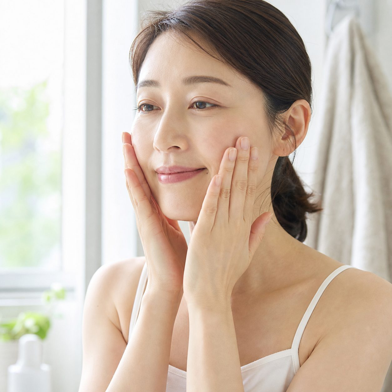 化粧水を重ねづけする手元