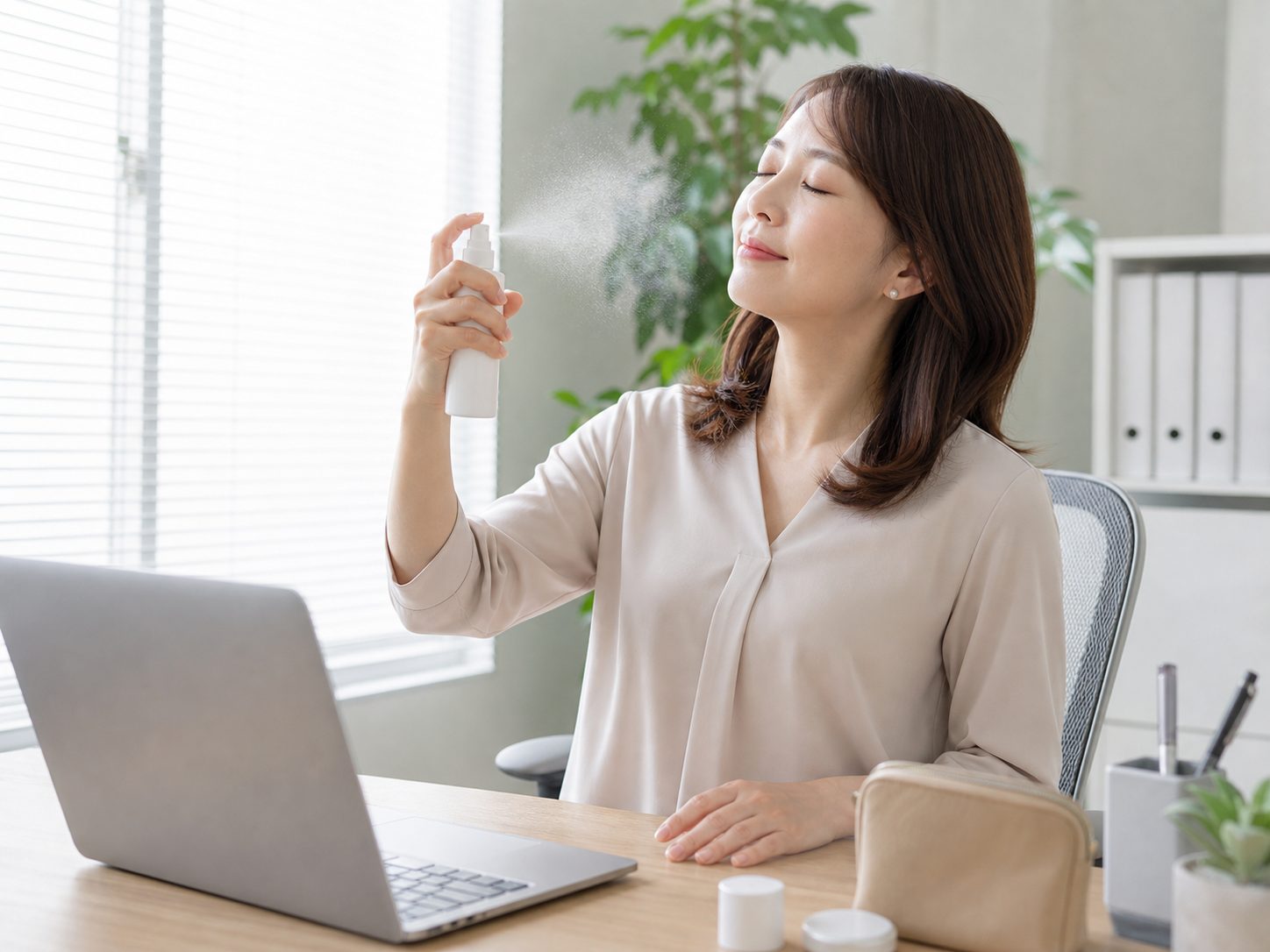 日中に保湿ミストを使う女性