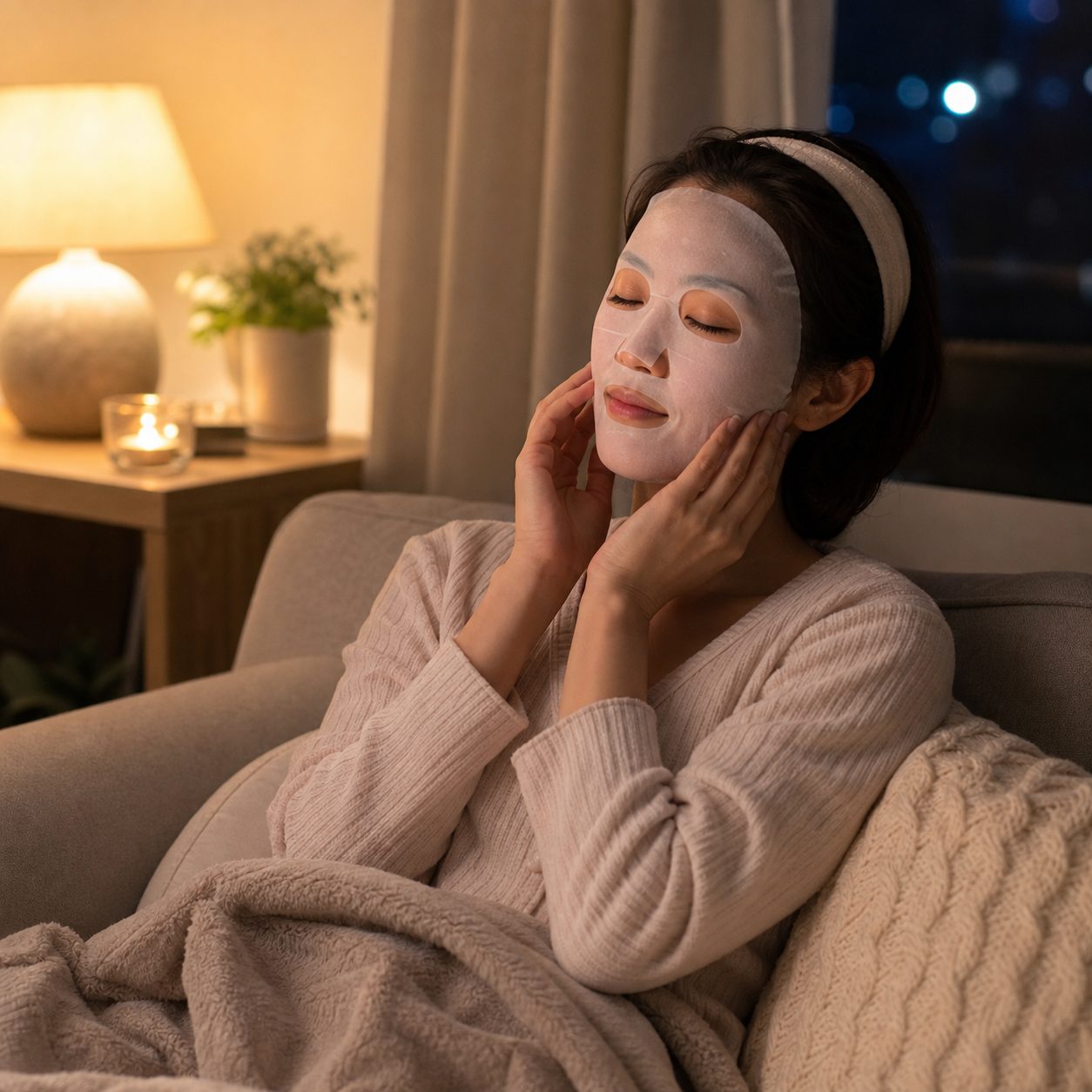 夜にシートマスクをする女性