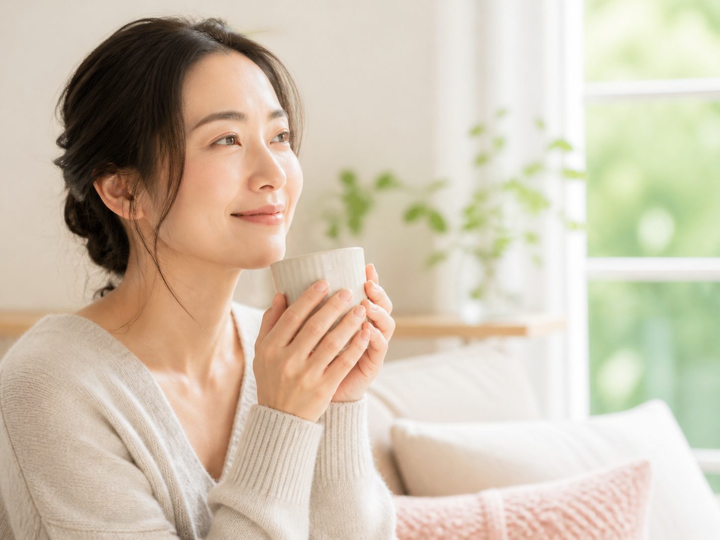 温かい飲み物を持つ女性