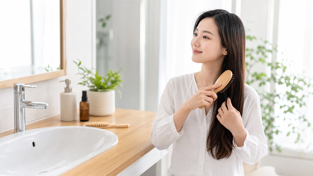 髪をとかす女性