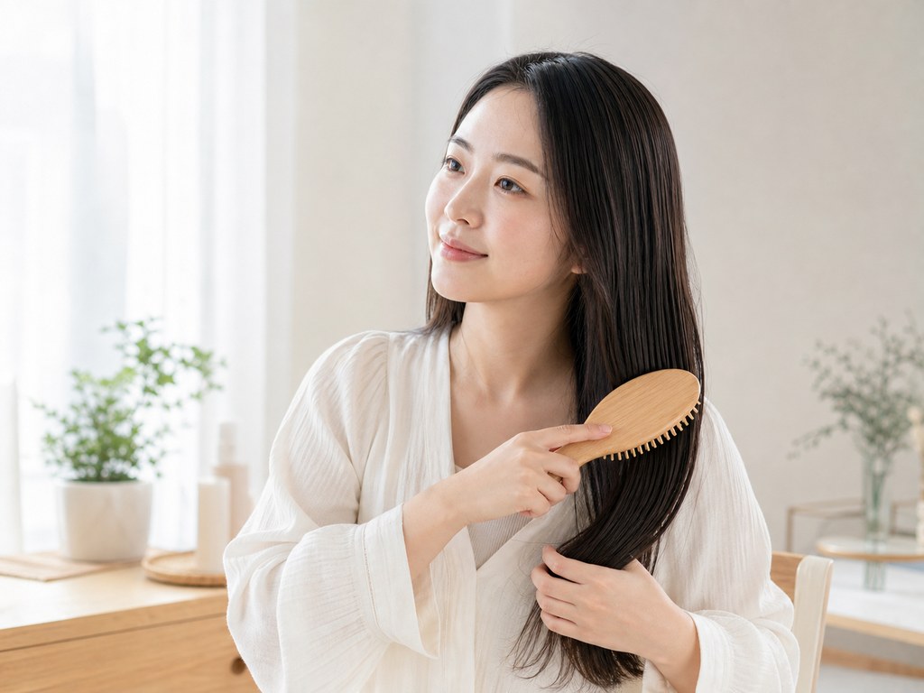 ヘアブラシで髪をとかす女性