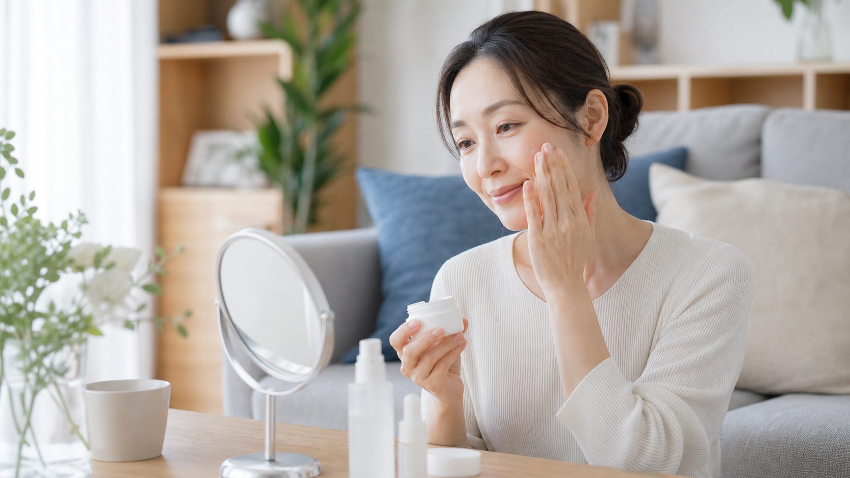 自宅でくつろぎながらケアする女性