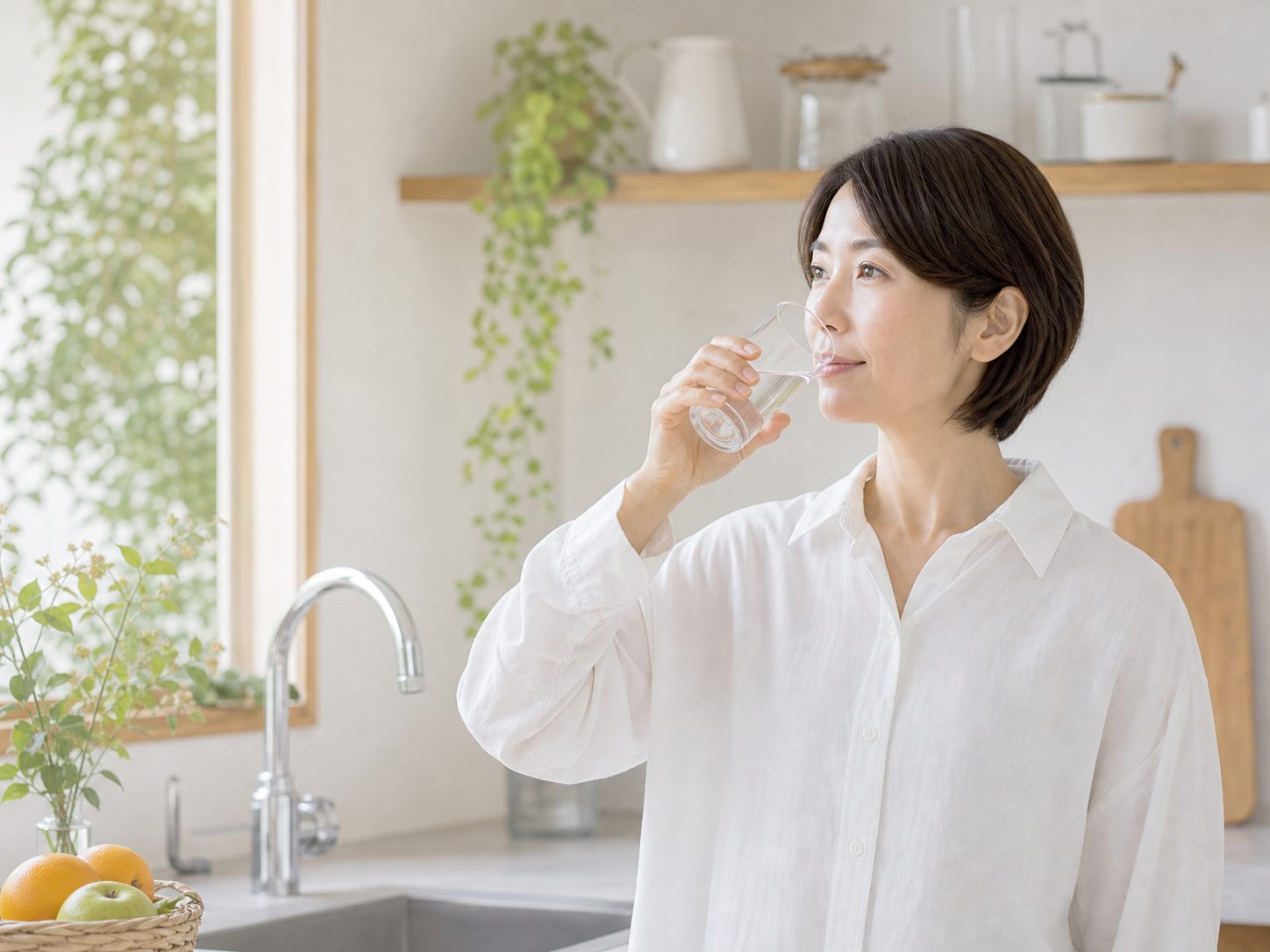 朝に水を飲む女性