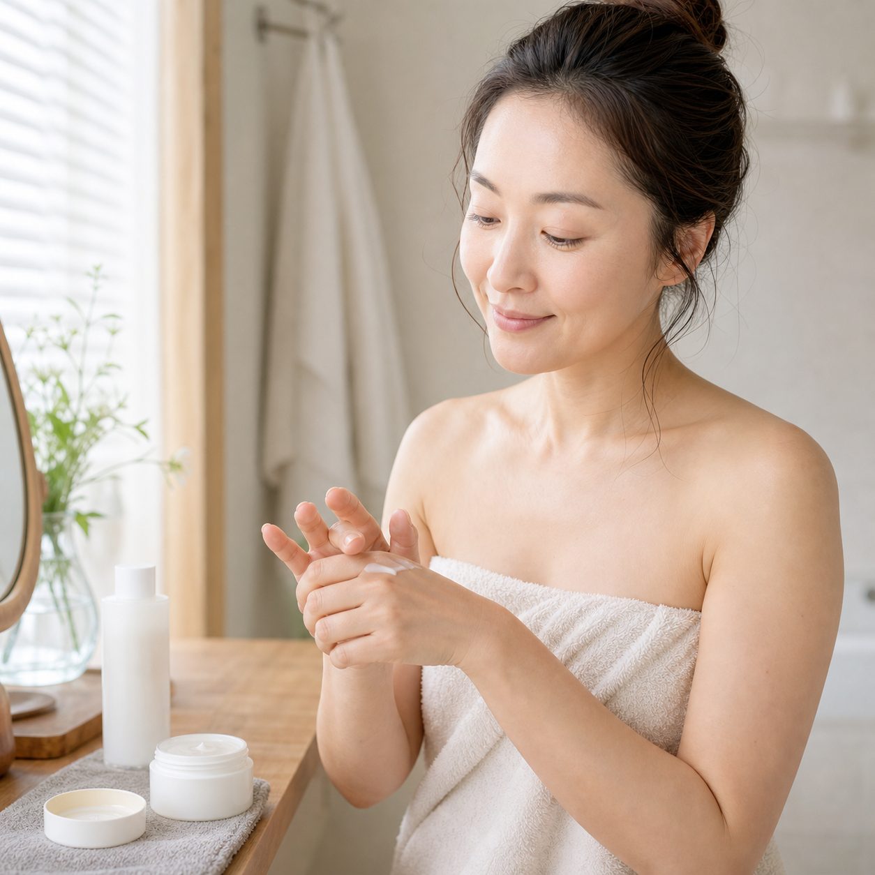 入浴後に保湿する女性