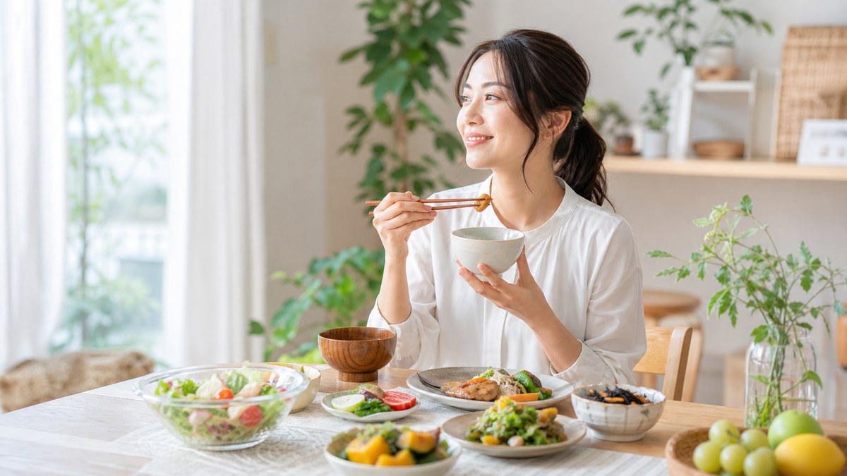 食卓を前にした女性