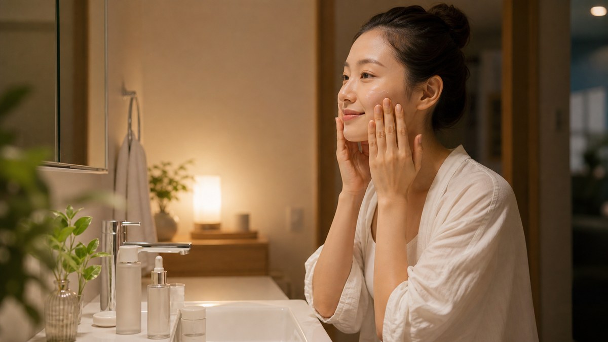 夜にスキンケアをする女性