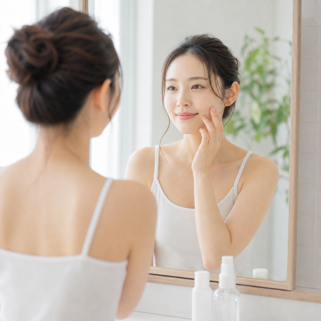 鏡で肌の状態を確かめる女性