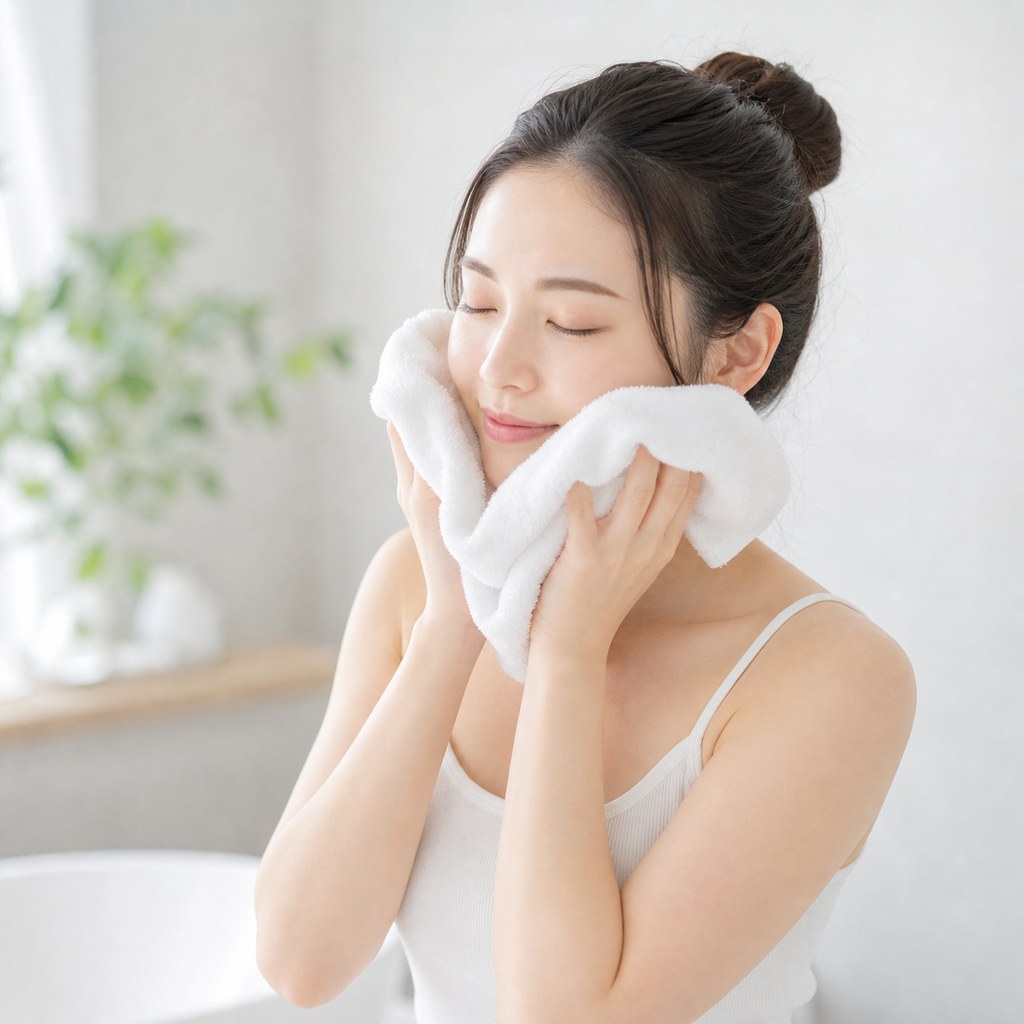 タオルで顔を押さえる女性
