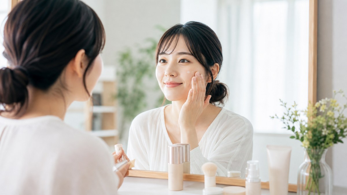 鏡の前でベース作りをする女性