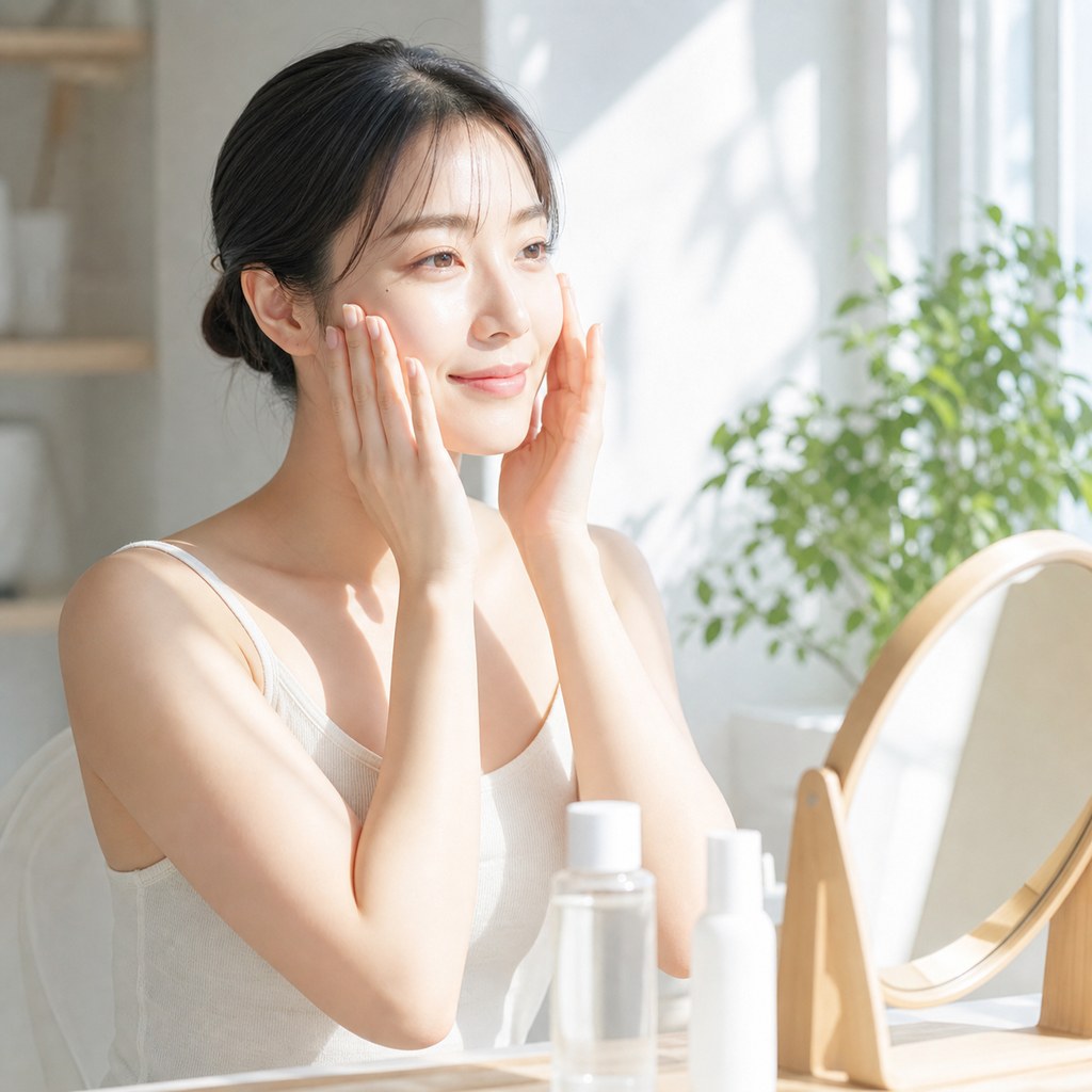 朝に化粧水をなじませる女性