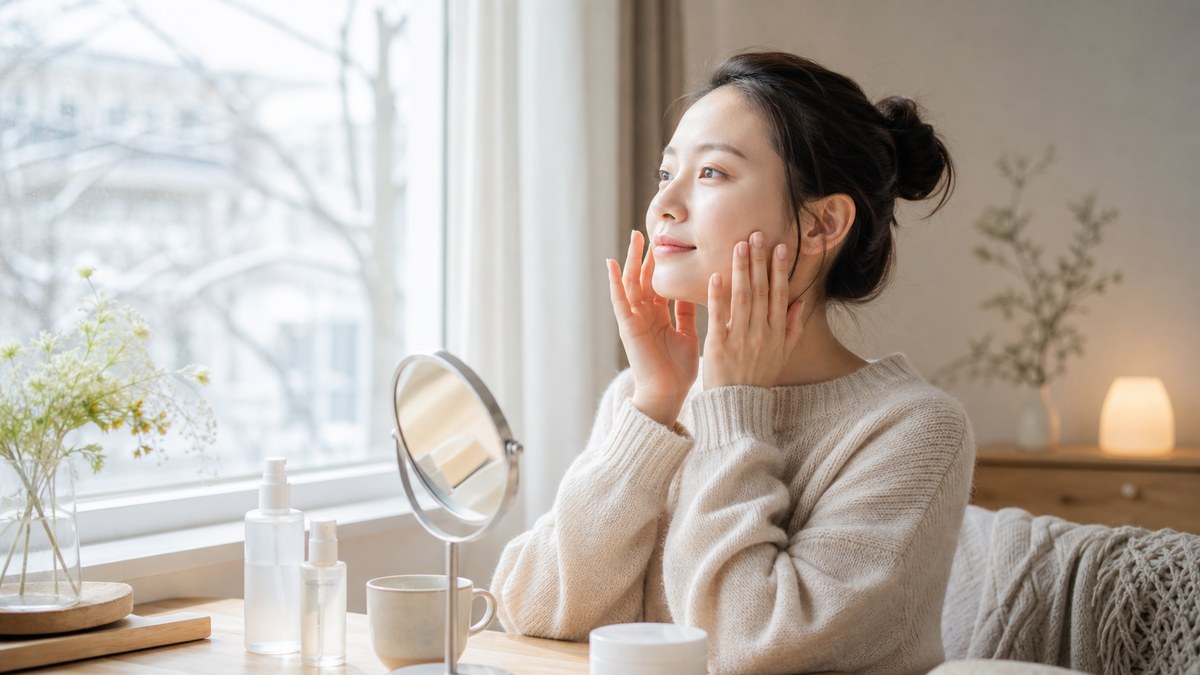 冬の窓辺でスキンケアをする女性