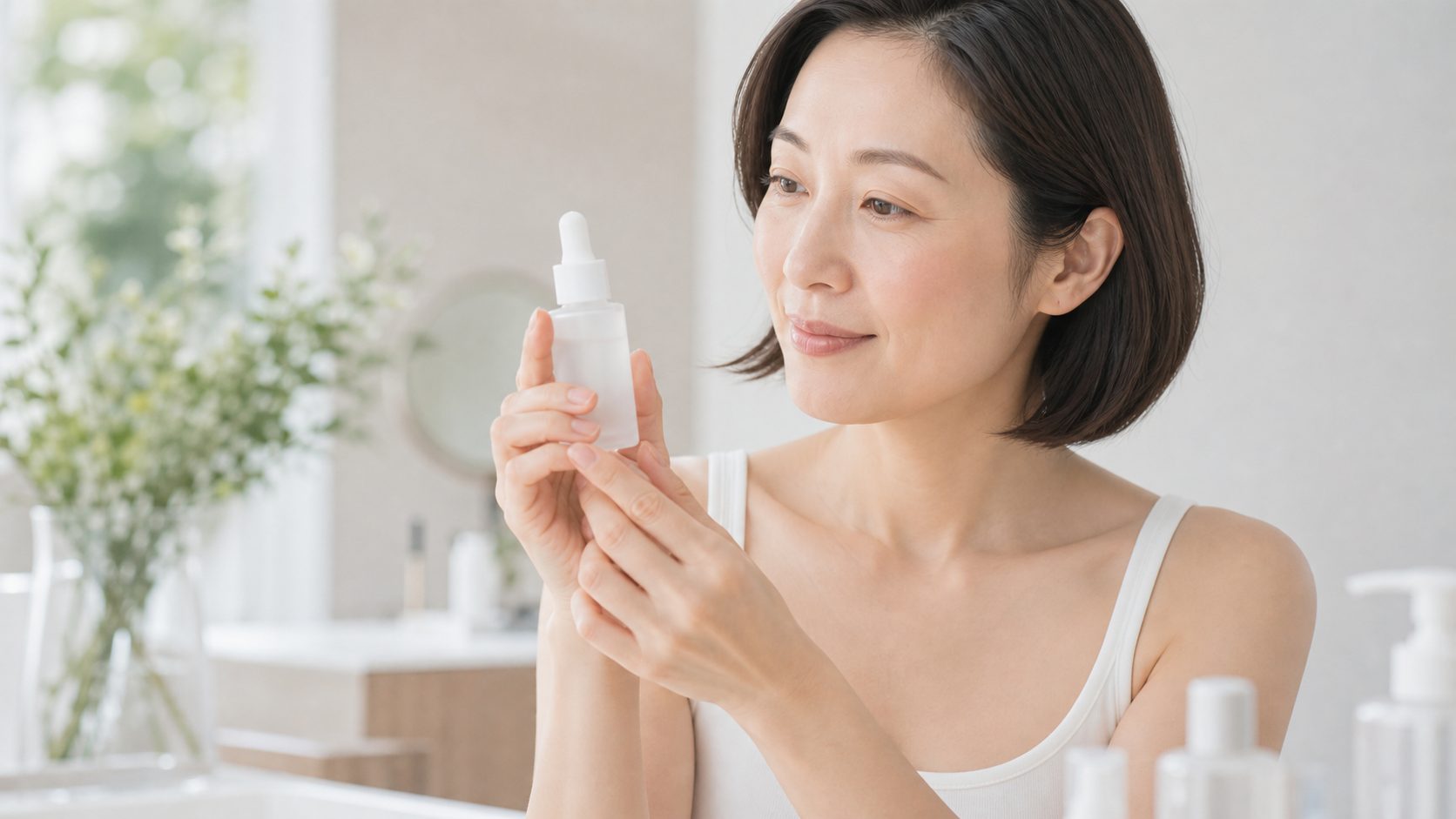 美容液のボトルを持つ女性