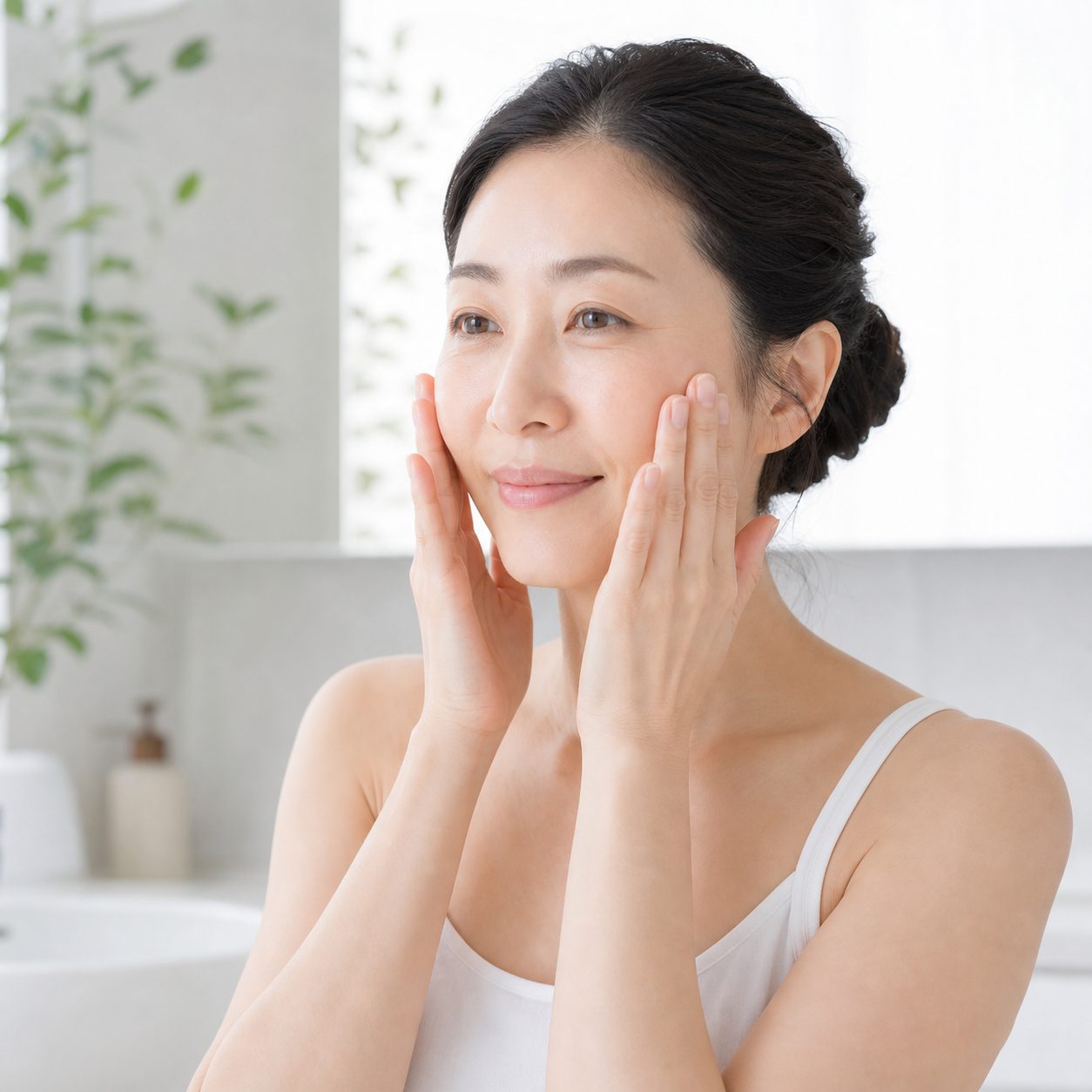 顔に美容液をなじませる女性