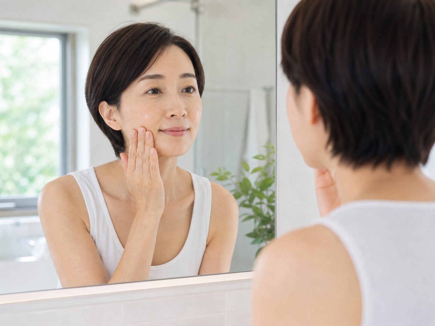 鏡で肌の状態を確認する女性