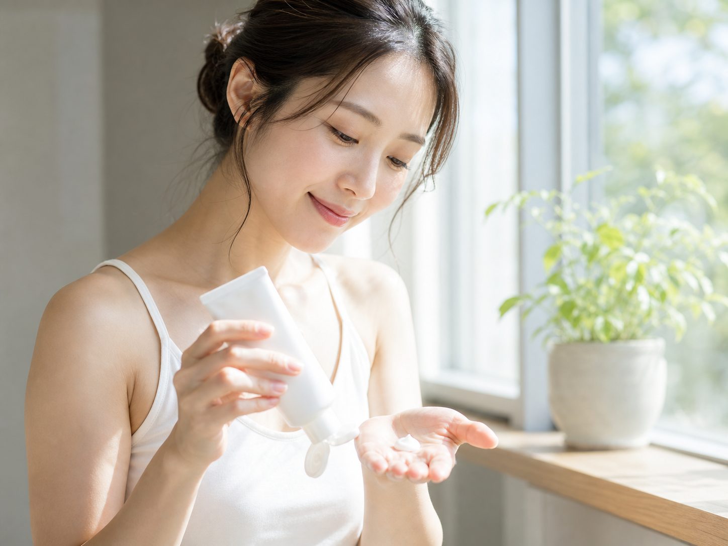 朝のケアで日焼け止めを使う女性