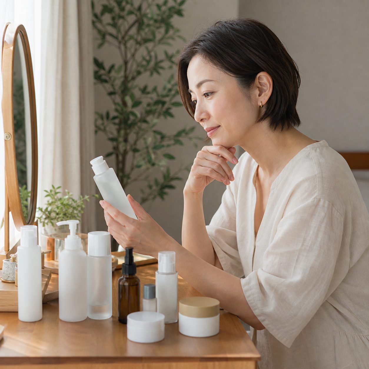 複数のスキンケア用品を見比べる女性
