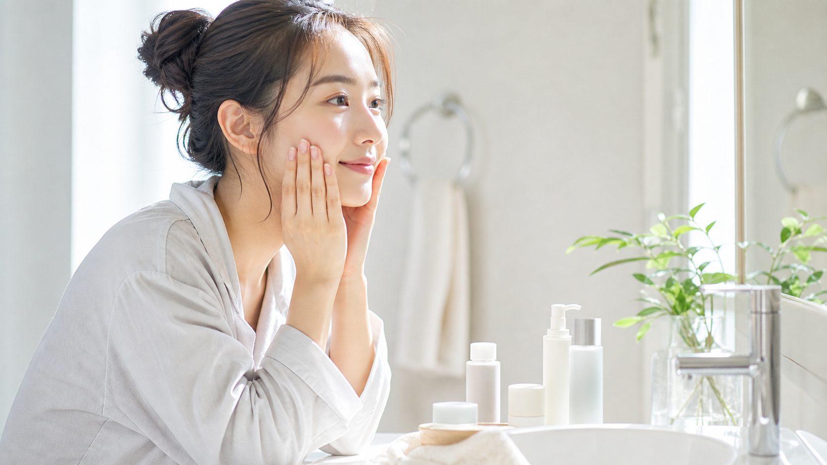 朝に手早くケアをする女性