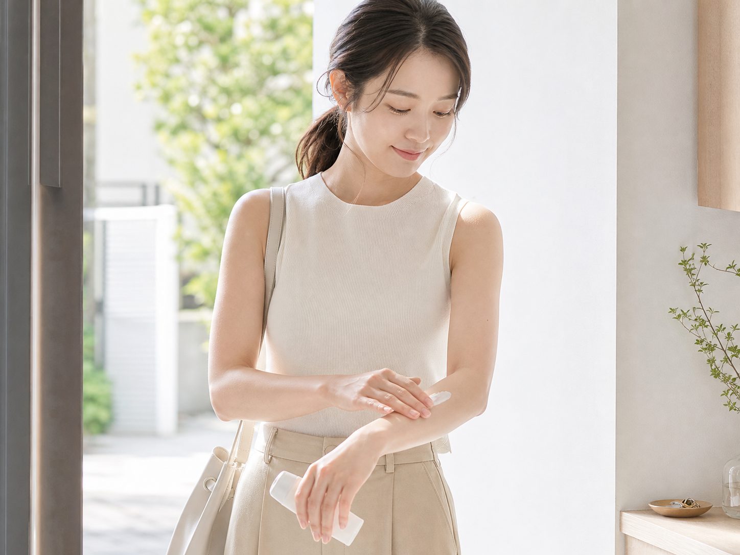 紫外線対策を塗る女性