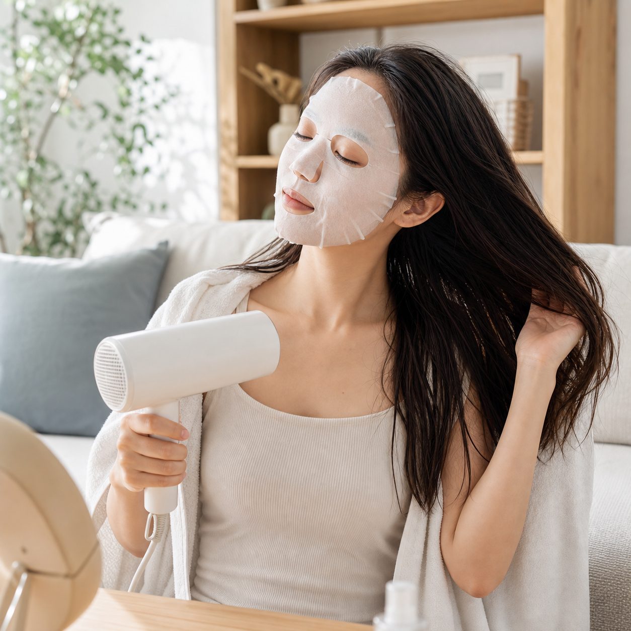 髪を乾かしながらシートマスクをする女性